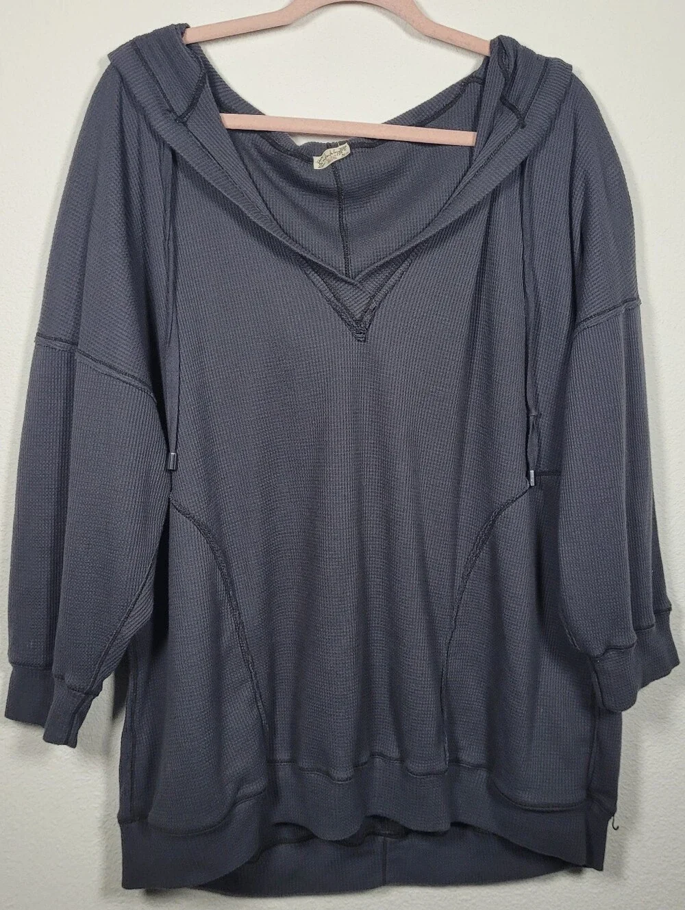 Intimately FP Early Night Charcoal Waffle Knit Hooded Thermal Tunic Top S Cozy